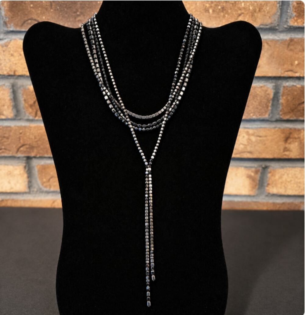 Multi Strand Black Metal Beaded Necklace with Metallic Chain Drop